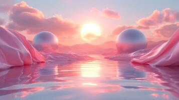 3D abstract silk cloth floating in pastel sunset landscape and spherical glass. Futuristic cyberpunk hyper realism details reflective holographic landscape background. photo