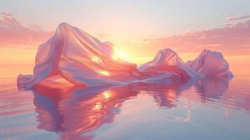 3D abstract silk cloth floating in pastel sunset landscape. Futuristic cyberpunk hyper realism details reflective holographic flow silk. peaceful calm background concept. photo