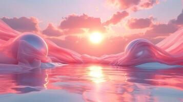 3D abstract silk cloth floating in pastel sunset landscape and spherical glass. Futuristic cyberpunk hyper realism details reflective holographic landscape background. photo