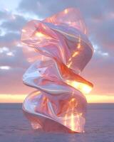 3D abstract silk cloth 3D futuristic cyberpunk hyper realism detailed isolated on sunset sky, colorful reflective holographic flow silk gold iridescence glowing on landscape background. photo