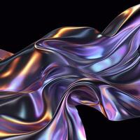 Metallic 3D of abstract silk flowing futuristic cyberpunk hyper realism detailed isolated colorful metallic reflective holographic flow silk iridescence isolated on black background. photo