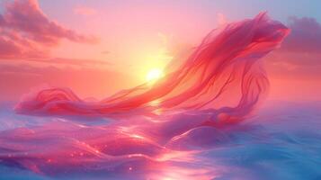 3D abstract silk cloth floating in pastel sunset landscape. Futuristic cyberpunk hyper realism details reflective holographic flow silk. peaceful calm background concept. photo