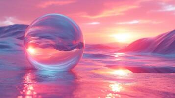 3D abstract silk cloth floating in pastel sunset landscape and spherical glass. Futuristic cyberpunk hyper realism details reflective holographic landscape background. photo