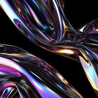 Metallic 3D of abstract silk flowing futuristic cyberpunk hyper realism detailed isolated colorful metallic reflective holographic flow silk iridescence isolated on black background. photo