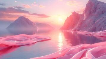 3D abstract silk cloth floating in pastel sunset landscape. Futuristic cyberpunk hyper realism details reflective holographic flow silk. peaceful calm background concept. photo