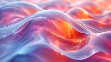 3D illustration of chromatic glass material abstract fluid shape. vibrant colors and fluid forms to create a visually striking composition. light and reflections on glass surface style. photo