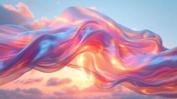 3D abstract silk cloth 3D futuristic cyberpunk hyper realism detailed isolated on sunset sky, colorful reflective holographic flow silk gold iridescence glowing on landscape background. photo