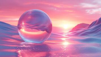3D abstract silk cloth floating in pastel sunset landscape and spherical glass. Futuristic cyberpunk hyper realism details reflective holographic landscape background. photo
