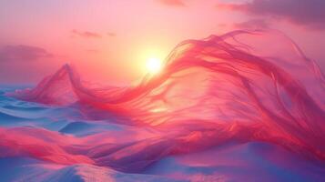 3D abstract silk cloth floating in pastel sunset landscape. Futuristic cyberpunk hyper realism details reflective holographic flow silk. peaceful calm background concept. photo