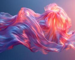 3D hyper realism silk cloth floating isolated pale color background. Futuristic cyberpunk reflective holographic flow. photo