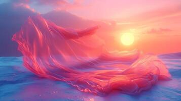 3D abstract silk cloth floating in pastel sunset landscape. Futuristic cyberpunk hyper realism details reflective holographic flow silk. peaceful calm background concept. photo