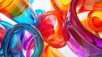 Abstract 3D colorful arrangement of swirly glass tubes, in style of photorealistic compositions, fluidity, dark table processing, irregular shapes, clear colors, multilayered photo