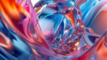 Abstract 3D colorful arrangement of swirly glass tubes, in style of photorealistic compositions, fluidity, dark table processing, irregular shapes, clear colors, multilayered photo