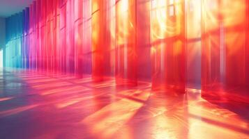 3D abstract futuristic interior with glass decoration in cyberpunk style holographic, glass shapes decor with colorful reflections in a pastel color palette. photo