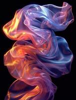 3D abstract silk cloth 3D futuristic cyberpunk hyper realism detailed isolated on black background, colorful reflective holographic flow silk gold iridescence glowing on black background. photo