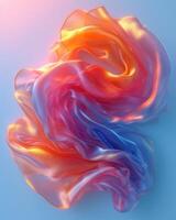 3D abstract silk cloth 3D futuristic cyberpunk hyper realism detailed isolated on pink and blue background, colorful reflective holographic flow silk gold iridescence glowing on pastel background. photo