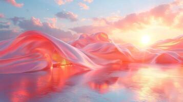 3D abstract silk cloth floating in pastel sunset landscape. Futuristic cyberpunk hyper realism details reflective holographic flow silk. peaceful calm background concept. photo