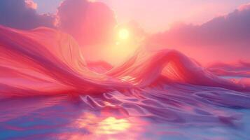 3D abstract silk cloth floating in pastel sunset landscape. Futuristic cyberpunk hyper realism details reflective holographic flow silk. peaceful calm background concept. photo