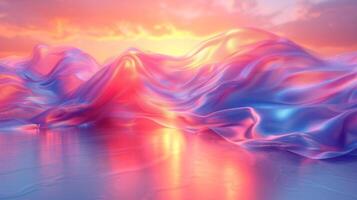 3D abstract silk cloth floating in pastel sunset landscape. Futuristic cyberpunk hyper realism details reflective holographic flow silk. peaceful calm background concept. photo