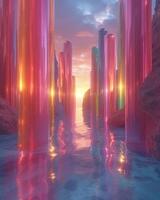 3D abstract glass cylinders silk flow style in the pastel sunset landscape. Futuristic cyberpunk hyper realism details reflective holographic. peaceful calm background concept. photo