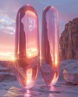 3D abstract glass cylinders silk flow style in the pastel sunset landscape. Futuristic cyberpunk hyper realism details reflective holographic. peaceful calm background concept. photo