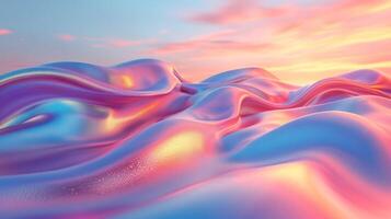 3D abstract silk cloth 3D futuristic cyberpunk hyper realism detailed isolated on sunset sky, colorful reflective holographic flow silk gold iridescence glowing on landscape background. photo