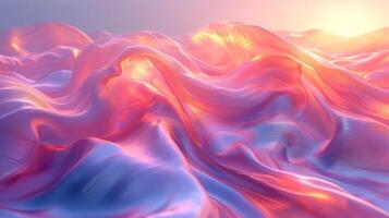3D abstract silk cloth floating in pastel sunset landscape. Futuristic cyberpunk hyper realism details reflective holographic flow silk. peaceful calm background concept. photo