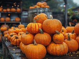 Large pile orange pumpkins stacked together, background blurred to highlight detailed textures photo