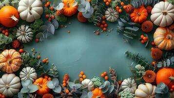 Autumn floral frame. Frame eucalyptus leaves, branches, pear fruits, orange pumpkins thanksgiving photo