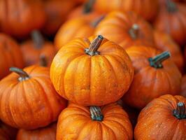 Large pile orange pumpkins stacked together, background blurred to highlight detailed textures photo