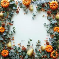 Autumn floral frame. Frame eucalyptus leaves, branches, pear fruits, orange pumpkins thanksgiving photo