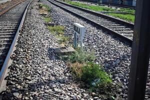 View of train Railway Tracks from the middle during daytime at Amritsar railway station in India, Train railway track view, Indian Railway junction, Heavy industry photo
