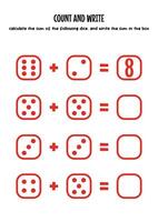 Children's worksheets for learning simple addition with colorful dice illustrations vector