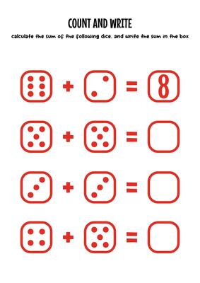 Children's worksheets for learning simple addition with colorful dice illustrations