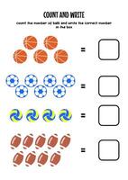 worksheet for kids, count the number of sports balls, then fill in the correct number vector