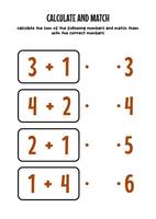learn addition with simple numbers, match with the correct numbers, worksheets for kids vector