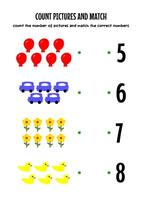 worksheets for kids, learn to count cars, balloons, flowers, duck toys, choose the right number vector