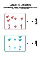 worksheet for kids, learn to add numbers with the help of paper airplane illustrations, choose the right number vector