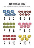 choose the right number from the given donuts, worksheet for kids vector