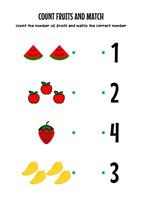 counting the number of fruits, matching with the correct number, worksheet for kids vector