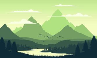 A green landscape with mountains and trees vector