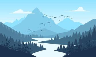 A river and mountains with birds flying over it vector
