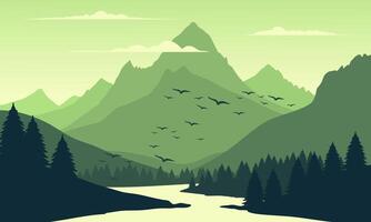 A mountain landscape with birds flying over the river vector