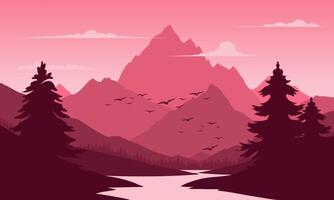 A pink background with mountains and trees vector