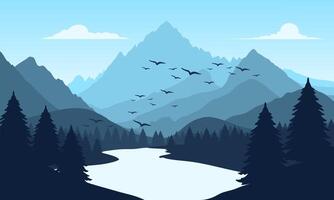 A mountain landscape with birds flying over it vector