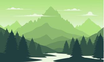 A green landscape with mountains and trees vector