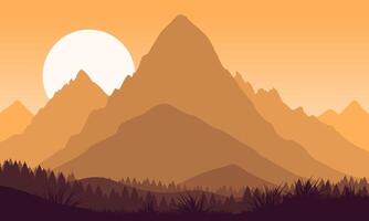 A mountain landscape with a sun setting behind it vector