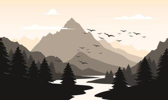 A mountain landscape with birds flying over it vector