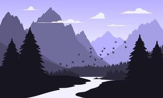 A river and mountains with birds flying over it vector