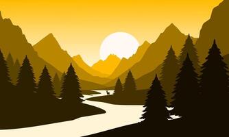 A mountain landscape with trees and a river vector